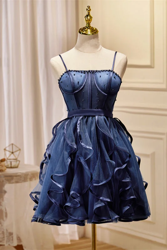 Navy Blue Beaded Ruffled Short A-line Party Dresss Halter Neckline Beach