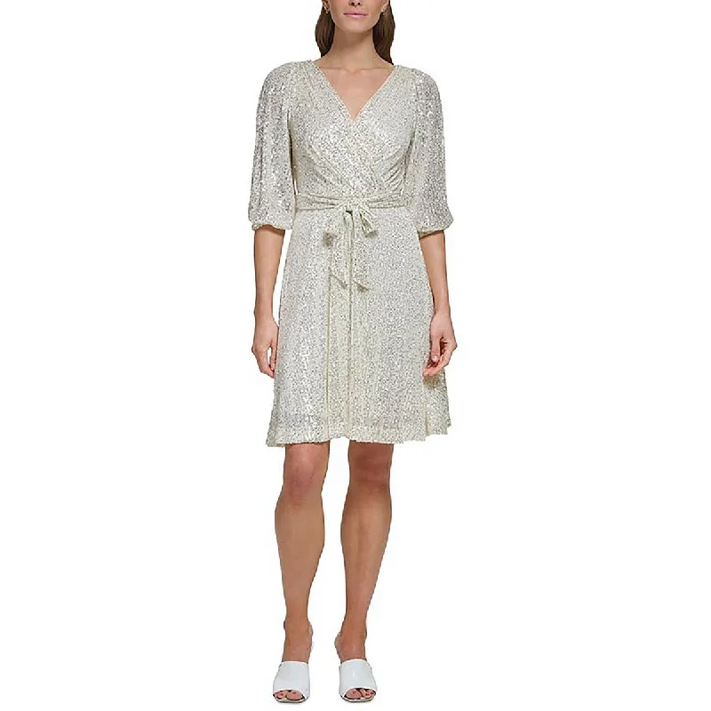 DKNY Womens Surplice Knee Length Cocktail And Party Dress Crew Neckline Casual