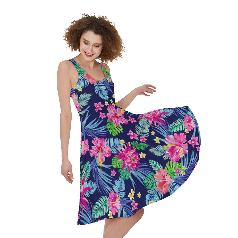 Blossom Tropical Flower Pattern Print Sleeveless Knee Length Dress Tunics Versatile stylish