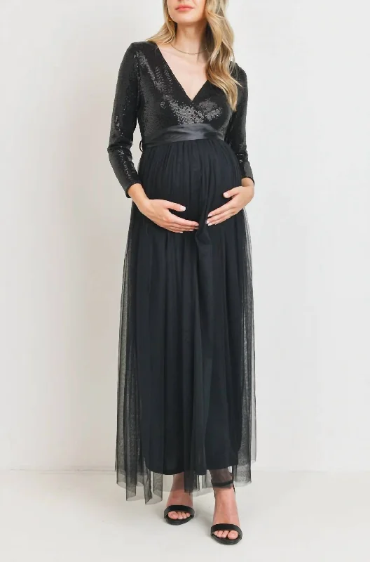 Sequin Maternity Party Dress In Black Turtleneck Neckline Stylish