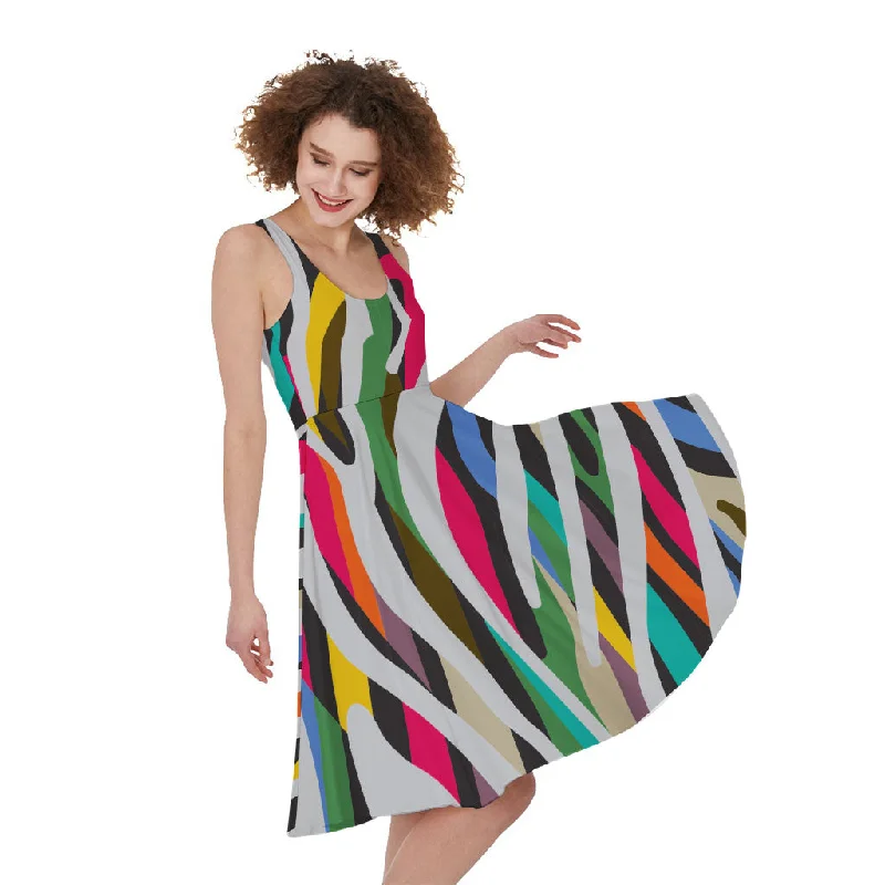 Colorful Zebra Pattern Print Sleeveless Knee Length Dress Tunics Satin smooth