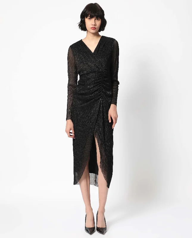 Rareism Women Siga Metallic Black Overlap Neck Full Sleeves Gathered Detail Front Slit Shimmer Party Dress Mermaid Tail Wedding