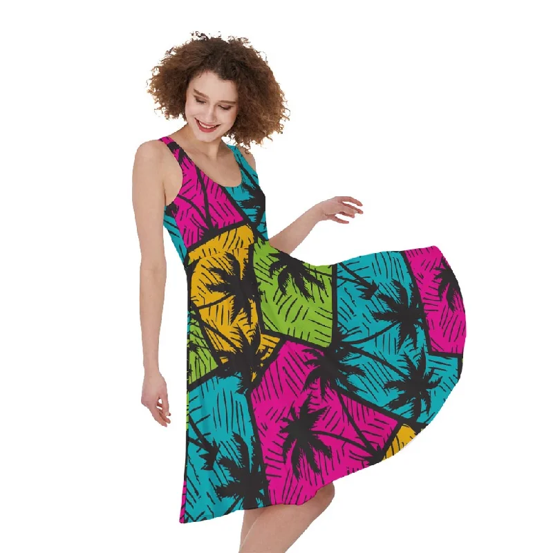 Colorful Palm Tree Pattern Print Sleeveless Knee Length Dress Tunics Ceremony elegant