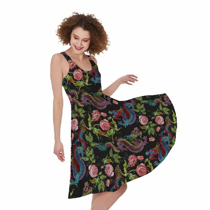 Chinese Dragon Flower Pattern Print Sleeveless Knee Length Dress Tunics Plaid country