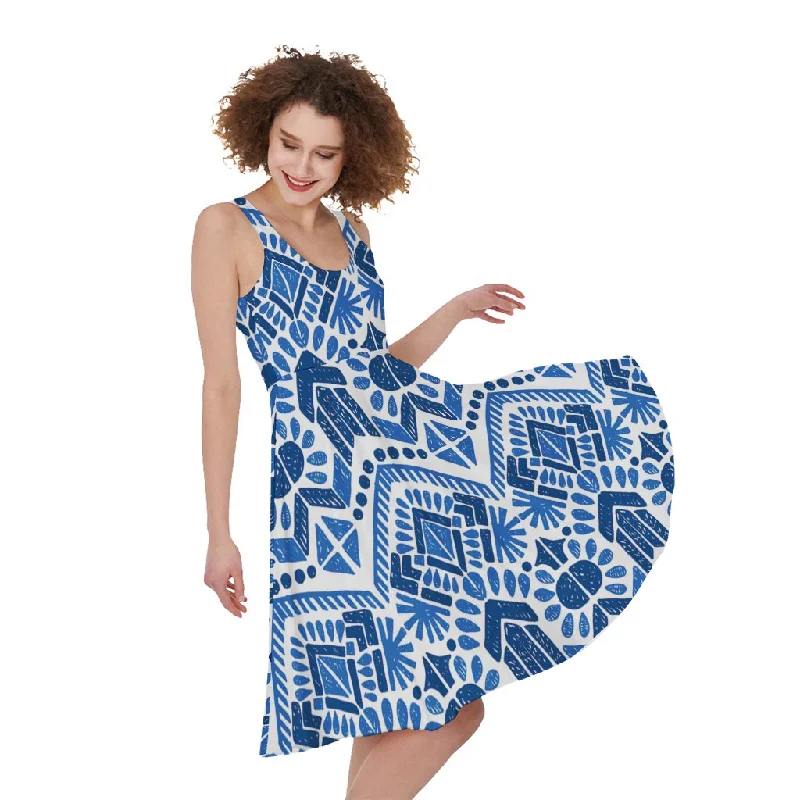 Blue And White Aztec Pattern Print Sleeveless Knee Length Dress Tunics Custom made