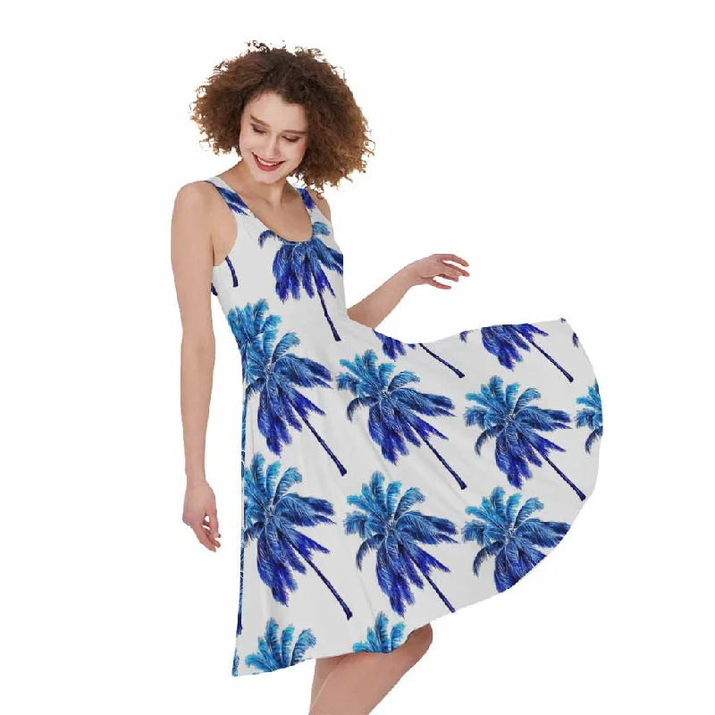 Blue Palm Tree Pattern Print Sleeveless Knee Length Dress Tunics Solid Classic