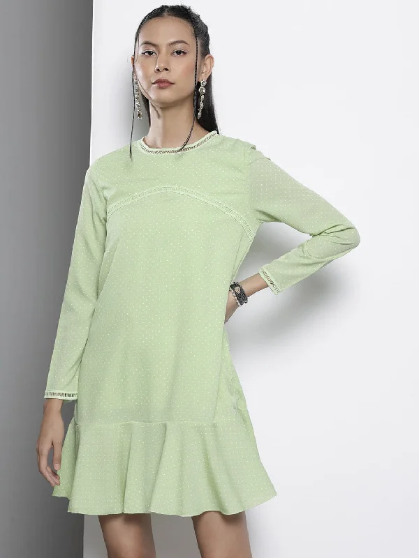 Women Green Pin Dot Frill Hem Dress Tunics Review highly