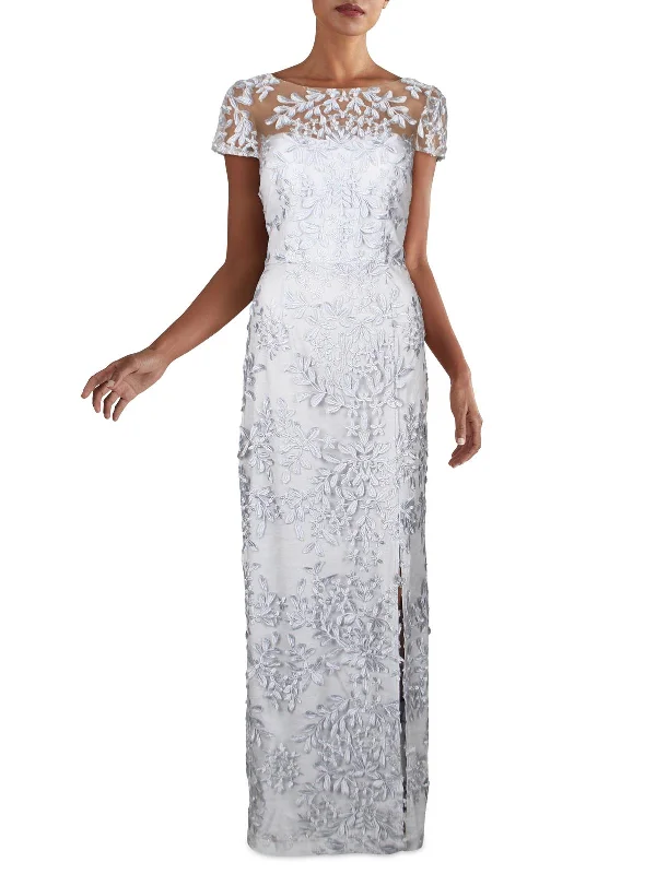 Womens Embroidered Long Evening Dress Tunics Satin smooth
