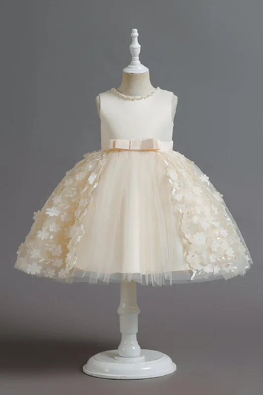 Champagne A Line Tulle Sleeveless Flower Girls' Party Dress With Bow Halter Neckline Beach