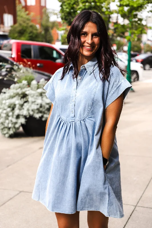 Somewhere You've Never Been Denim Mini Dress Comfortable Linen Mini Dress