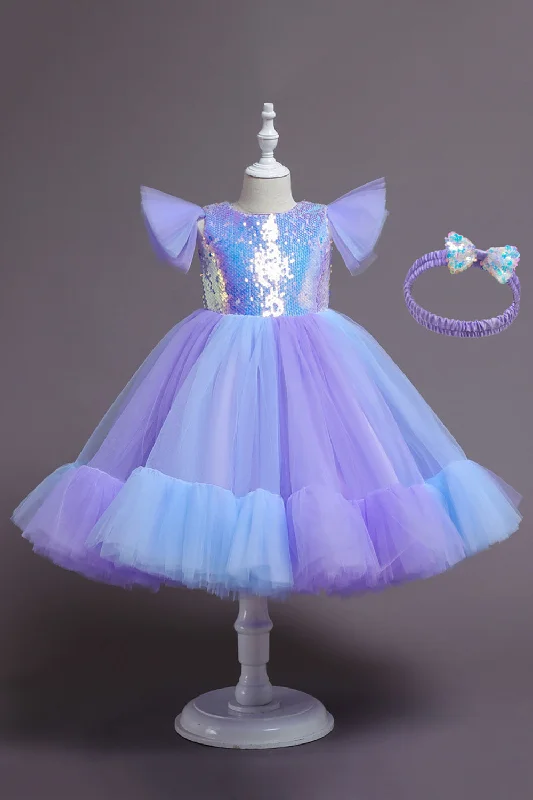 Purple Cap Sleeves Sequins A Line Girls Party Dresses Boatneck Modish Everyday