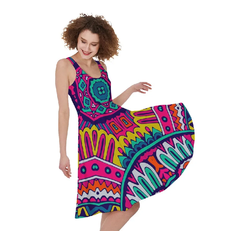 Colorful Mandala Bohemian Pattern Print Sleeveless Knee Length Dress Tunics Designer luxury