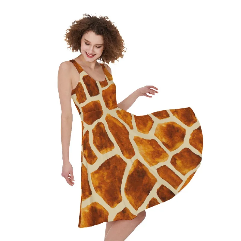 Brown Watercolor Giraffe Pattern Print Sleeveless Knee Length Dress Tunics Prom sequined
