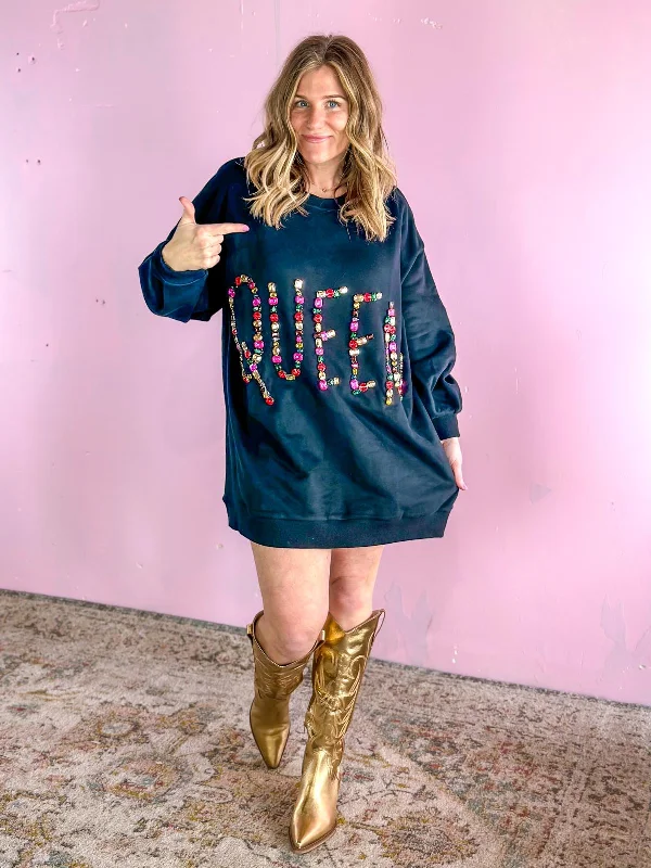 Queen of Sparkles: Queen Jewels Sweatshirt Dress Hoodie with Frayed Bohemian Relaxed