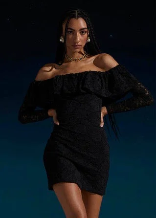 Alessia Mini Dress (Black) Comfortable Off-Shoulder Mini Dress