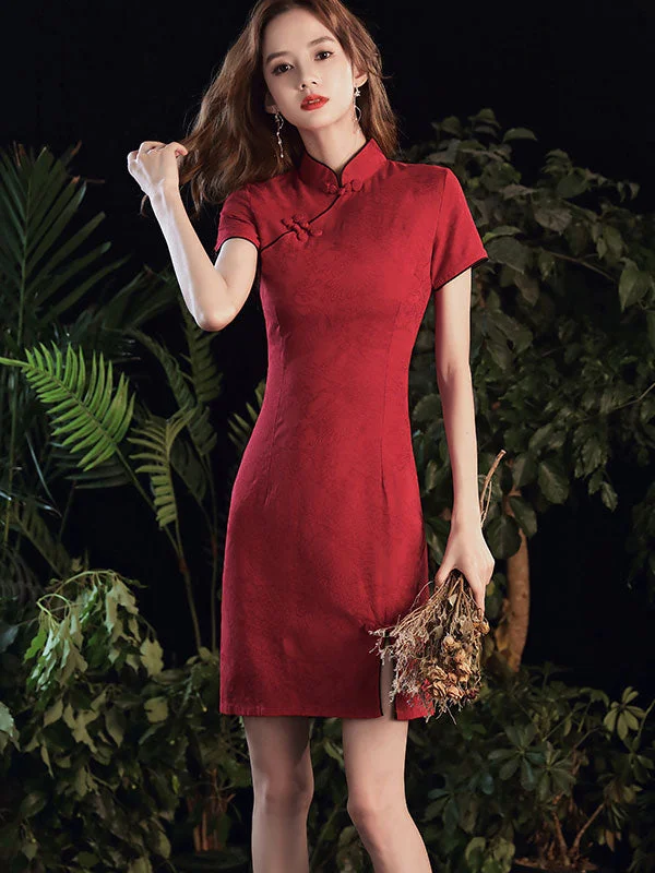 Short Red Floral Wedding Qipao Cheongsam Party Dress Tunics Satin smooth