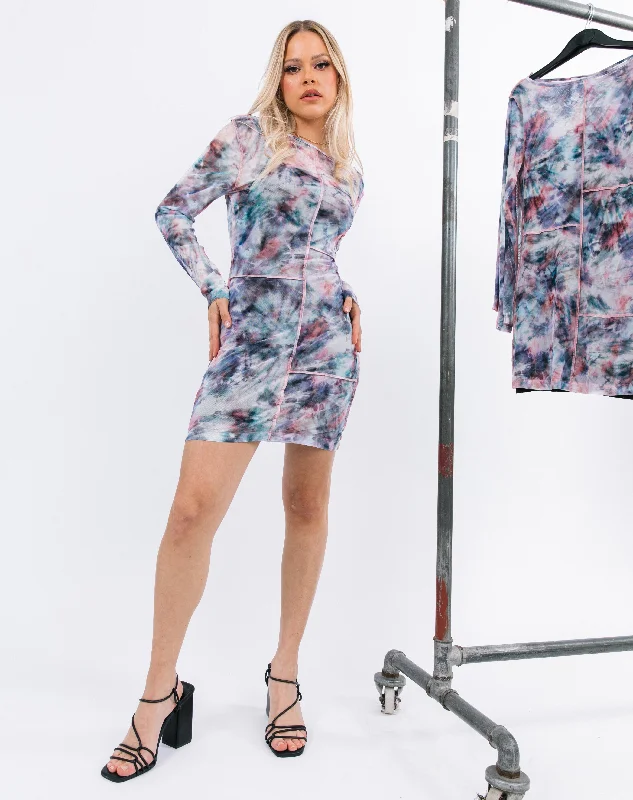 Mesh Mini Dress with Exposed Seam White Tie Dye | Lara Fashionable Mini Dress with Pockets