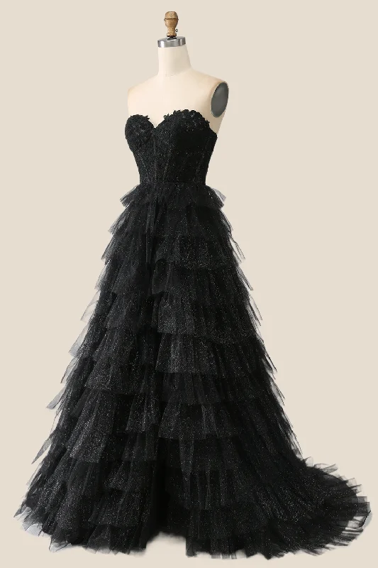 Black Appliques Tulle Tiered Ruffles Long Party Dress Peplum Ruffle Cocktail