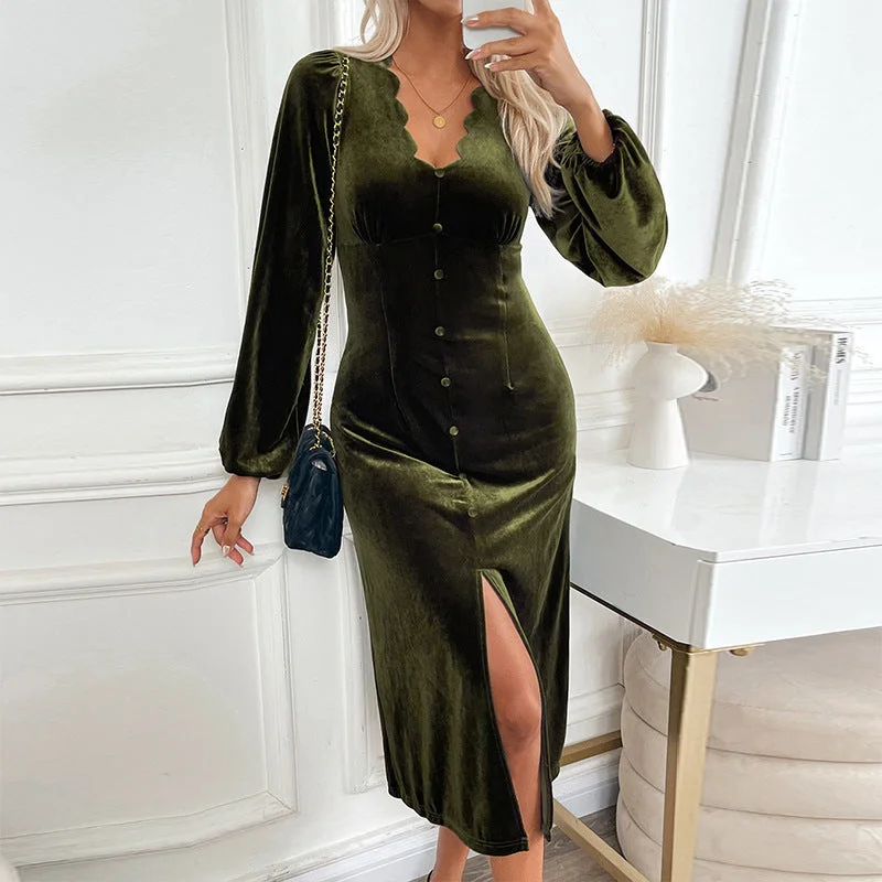 IKEARLAX New new Valentine's Day velvet skirt temperament elegant medium and long dress lace collar party dress dress Off-the-shoulder Bohemian Festive