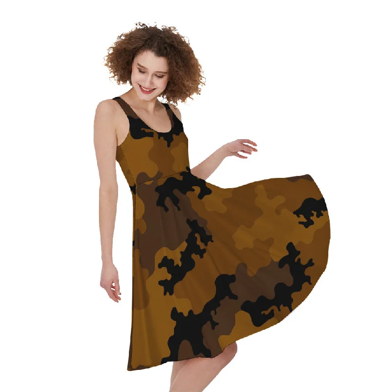 Dark Brown Camouflage Print Sleeveless Knee Length Dress Tunics Trendy modern