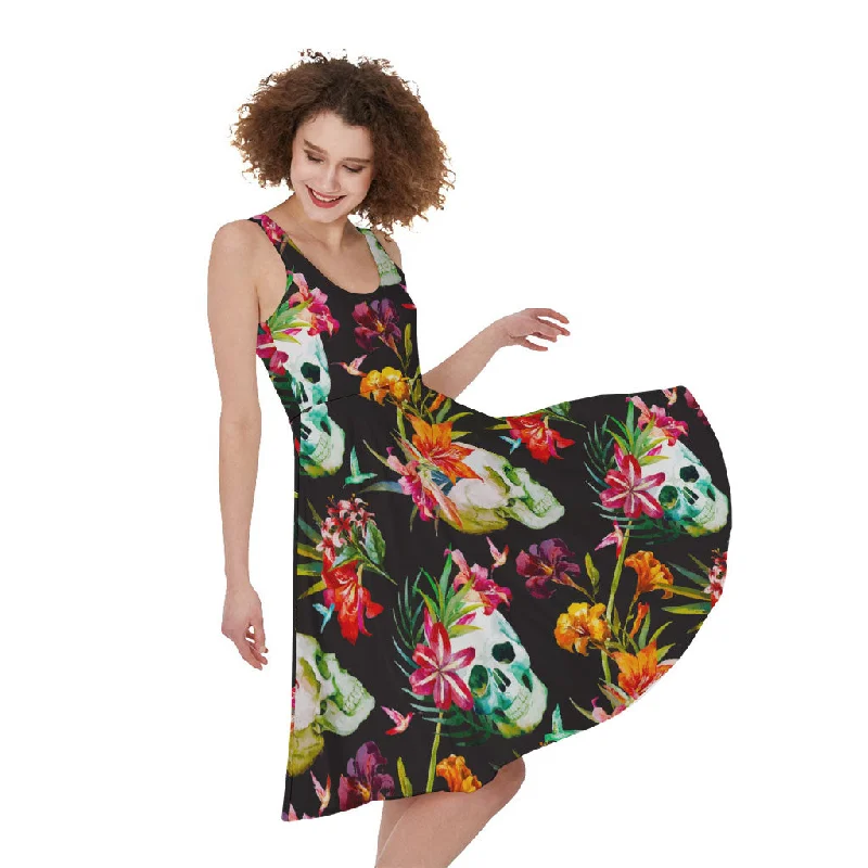 Blossom Flowers Skull Pattern Print Sleeveless Knee Length Dress Tunics Sophisticated sleek