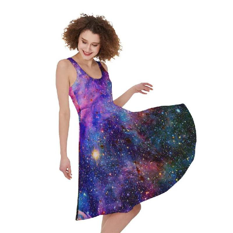 Colorful Nebula Galaxy Space Print Sleeveless Knee Length Dress Tunics Spring floral