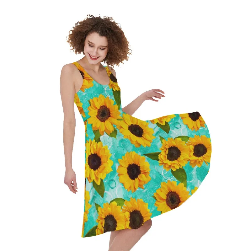 Bright Sunflower Pattern Print Sleeveless Knee Length Dress Tunics Essential wardrobe Bright Sunflower Pattern Print Sleeveless Knee Length Dress Tunics Essential wardrobe