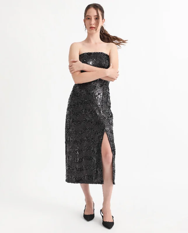 Rareism Women Eve Sheen Black Off Shoulder Thigh Slit Back Zip Closure Sequin Bodycon Midi Party Dress Cowl Neckline Elegant