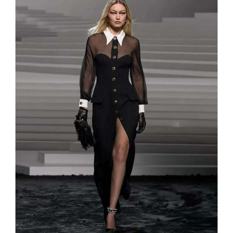 2024 New Golden Buttons White Collar Mesh Patchwork Bandage Long Dress Elegant Woman Evening Party Dress Fashion Party Outfit Tunics Chic elegant 2024 New Golden Buttons White Collar Mesh Patchwork Bandage Long Dress Elegant Woman Evening Party Dress Fashion Party Outfit Tunics Chic elegant