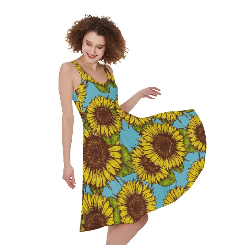 Blue Vintage Sunflower Pattern Print Sleeveless Knee Length Dress Tunics Trendy modern Blue Vintage Sunflower Pattern Print Sleeveless Knee Length Dress Tunics Trendy modern