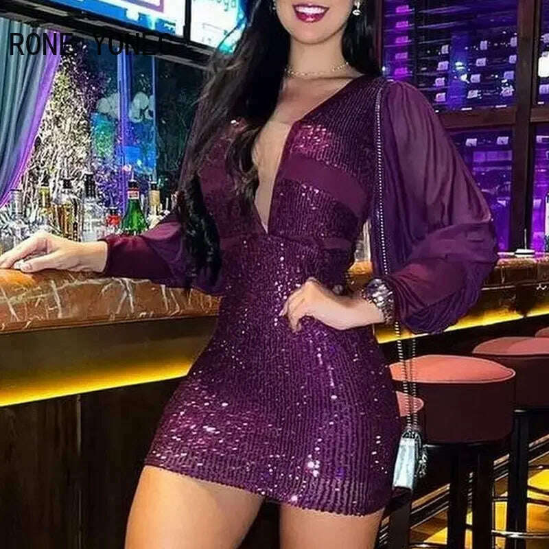 Women Chic Solid Sequins Sexy Deep V Neck Long Lantern Sleeves Patchwork Mini Bodycon Party Dresses Tunics Fall fleece