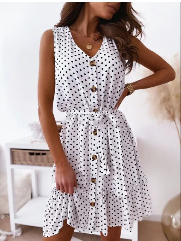 FashionSierra - Casual Polka Dot V-neck Sleeveless Lace Up Party Dress Tunics Long Elegant