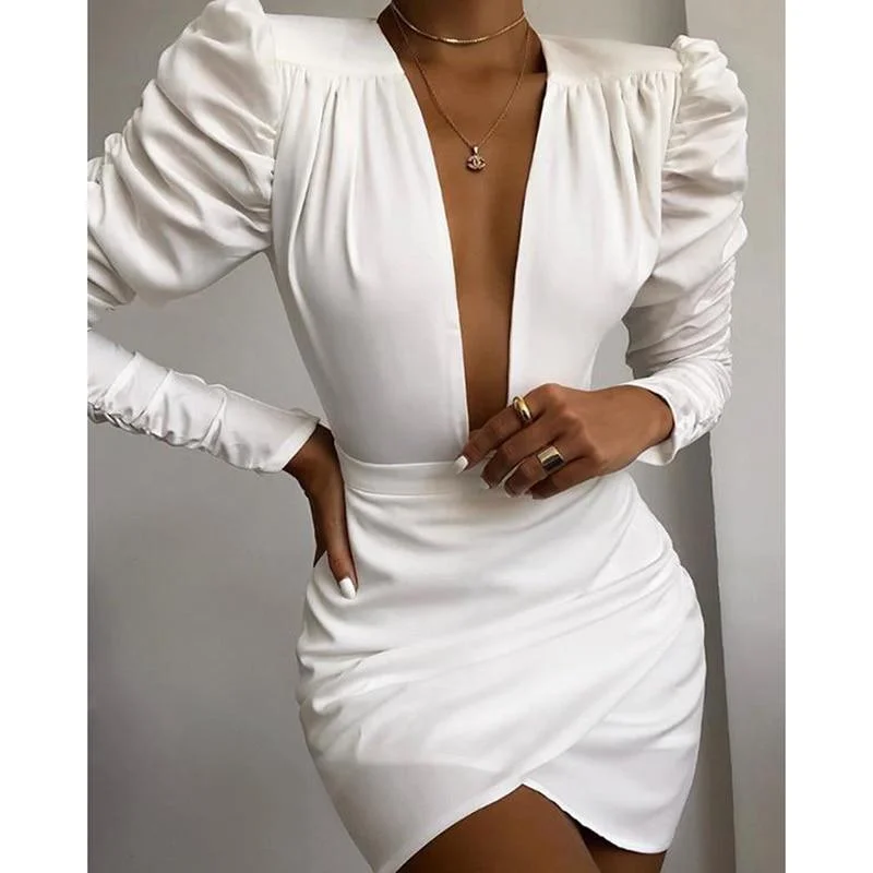 FashionSierra - Irregular Solid White Long Sleeve Women Dress V Neck Puff Sleeve Party Dress Elegant Ladies Formal Workwear Vestidos Mujer Tunics Practical durable