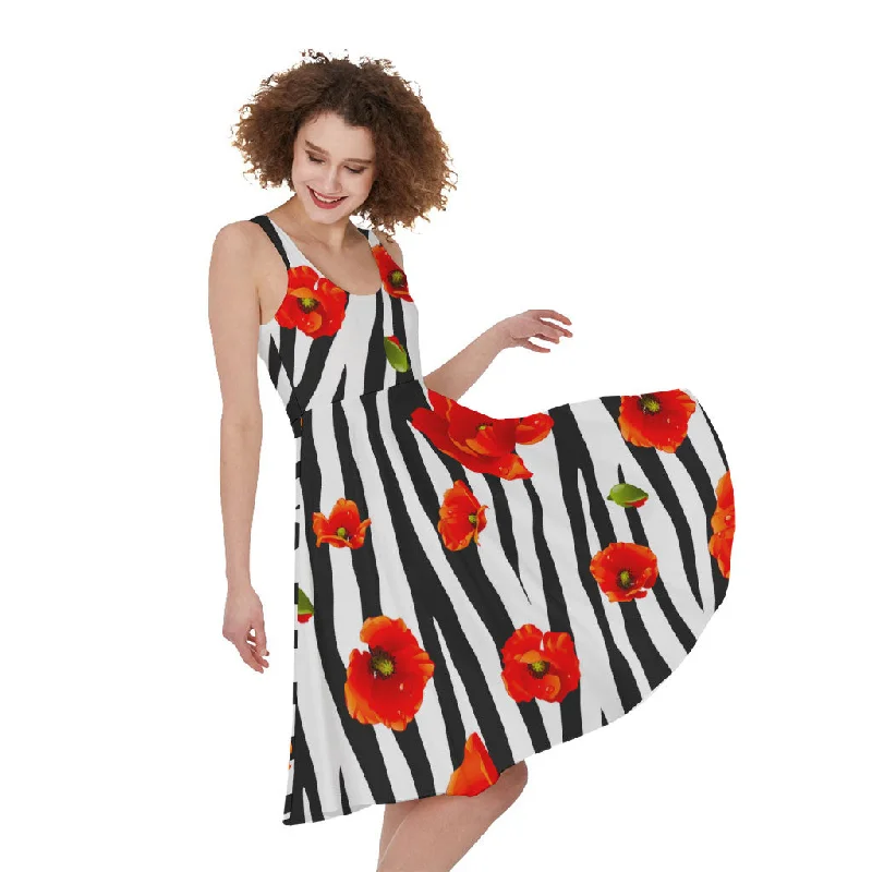 Black White Zebra Flower Pattern Print Sleeveless Knee Length Dress Tunics Trendy modern