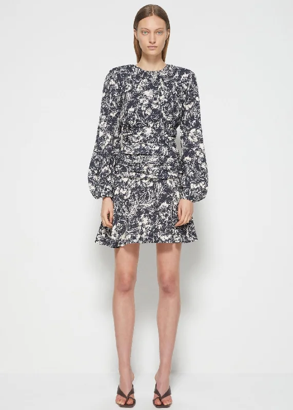 Anastasia L/S Square Neck Ruched Mini Dress (Black Flora Fauna) Trendy Tie-Dye Mini Dress