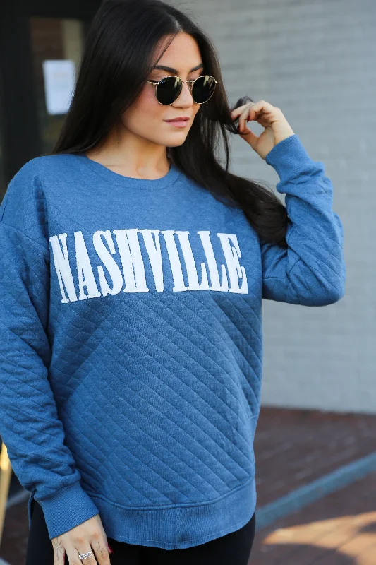 Nashville Quilted Poncho Sweatshirt [Bluestone] Hoodie with Hem Frayed Vintage Worn
