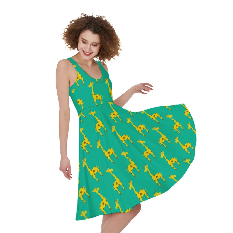 Cute Cartoon Giraffe Pattern Print Sleeveless Knee Length Dress Turtleneck Warm Winter