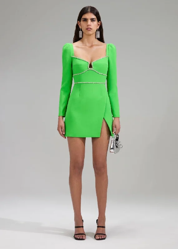 Green Crepe Diamante Detail Mini Dress (Green) Casual Mini Dress with Pockets