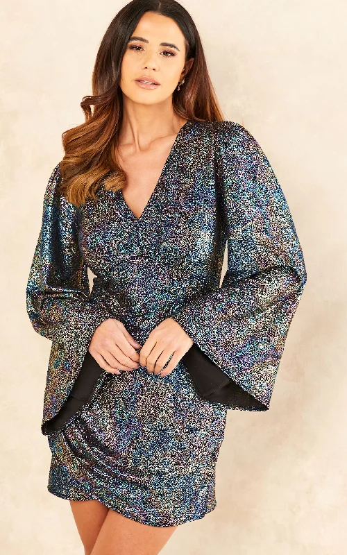 Faux Wrap Flared Sleeve Mini Dress in Black Foil Sparkle | Sidney Cozy Cotton Mini Dress