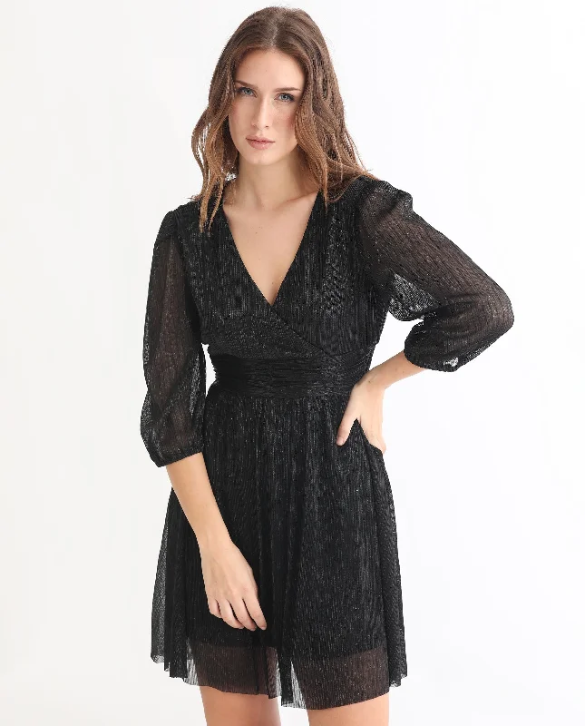 Rareism Women Ravin Metallic Black V Neck 3/4 Sleeves Shimmer Mini Party Dress Off-the-shoulder Chic Trendy