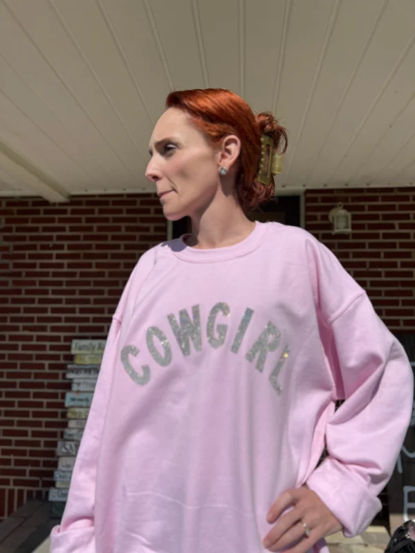 Cowgirl Rhinestone Sweatshirt Hoodie with Ribbed Hem Stretchable Secure