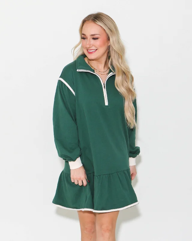 Half Zip Collared Mini Dress in Hunter Green Elegant Satin Mini Dress