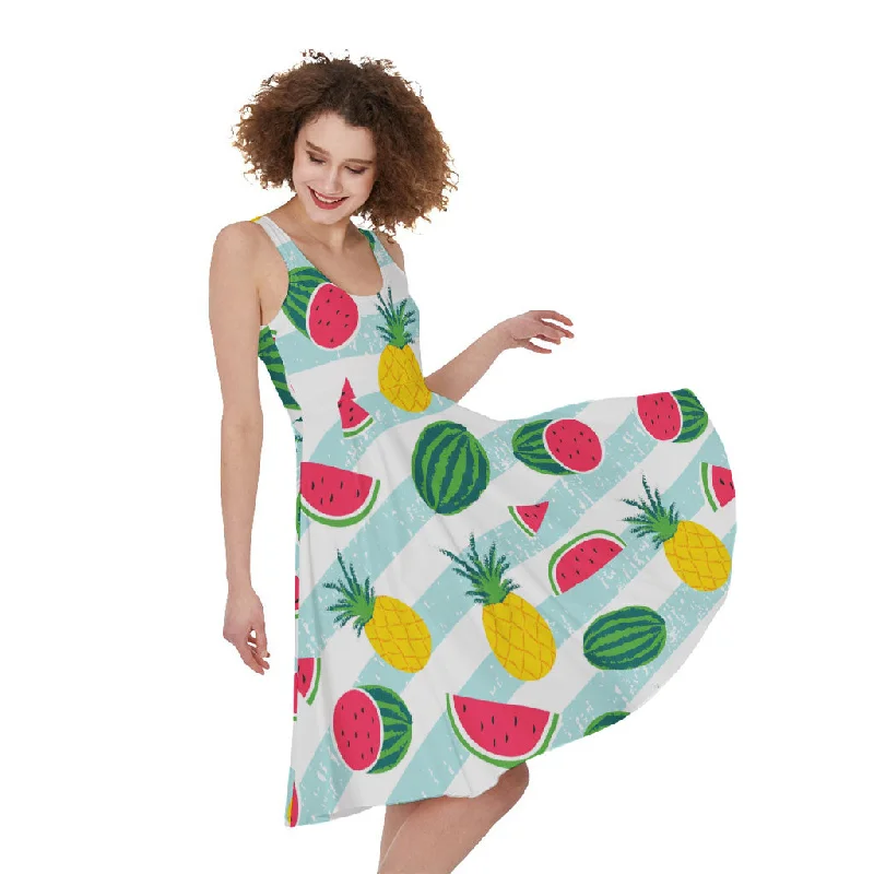 Cute Pineapple Watermelon Pattern Print Sleeveless Knee Length Dress Halter Neckline Beach