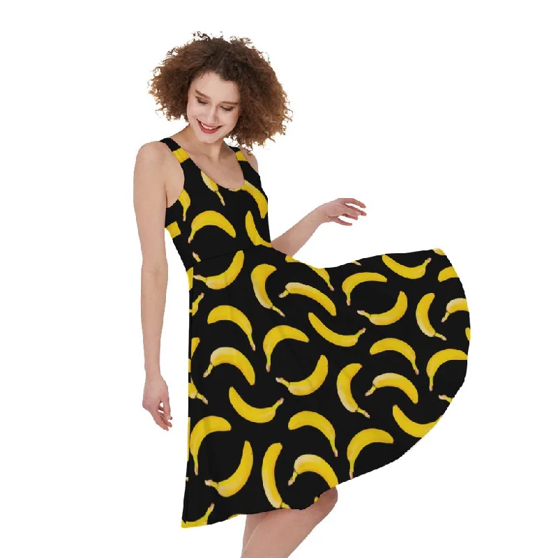 Black Banana Pattern Print Sleeveless Knee Length Dress Tunics Handmade artisanal