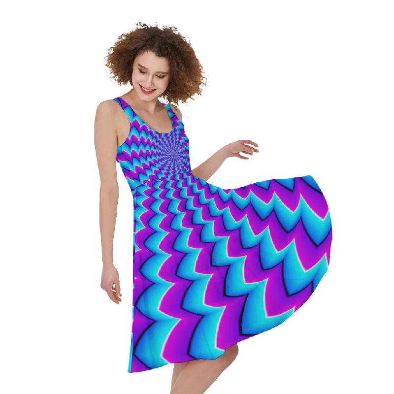 Blue Dizzy Moving Optical Illusion Sleeveless Knee Length Dress Tunics Hiking breathable