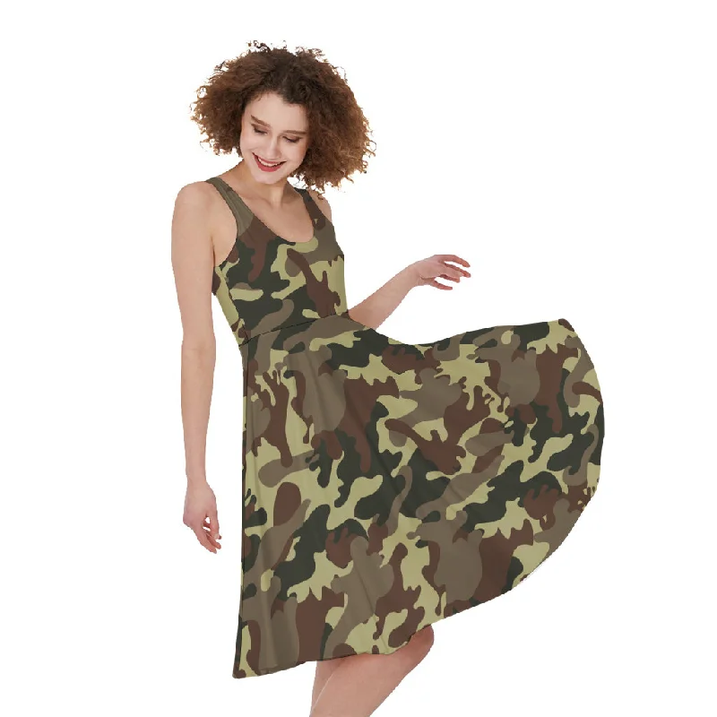 Brown Camouflage Print Sleeveless Knee Length Dress Tunics Exclusive limited
