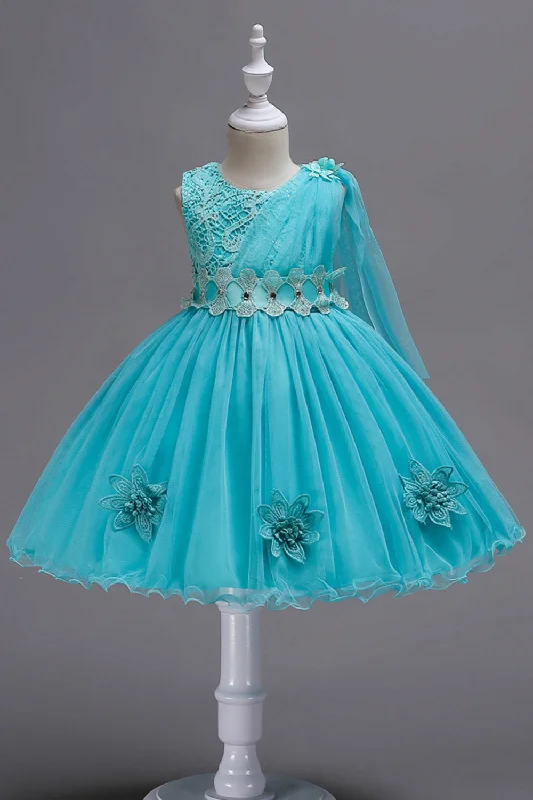 Blue A Line Bowknot Girls Party Dresses With 3D Flowers Boat Neckline Classic