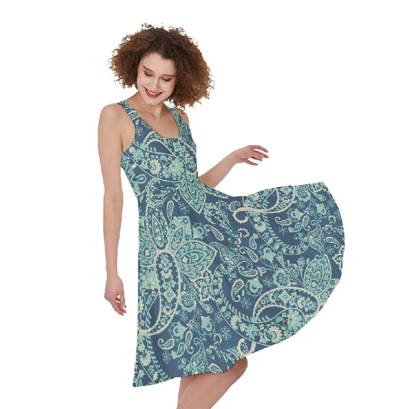 Blue Sky Paisley Bohemian Pattern Print Sleeveless Knee Length Dress Square Neckline Feminine