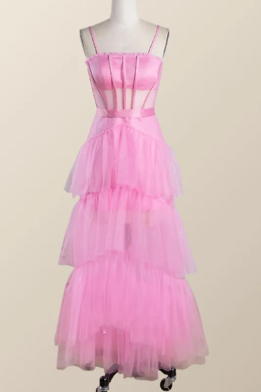 Pink Tulle Tiered Ruffle Party Dress empire Waist empire