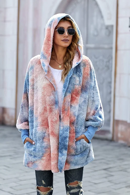 Blue and Peach Tie-Dye Hoodie Hoodie with Distressed Vintage Worn
